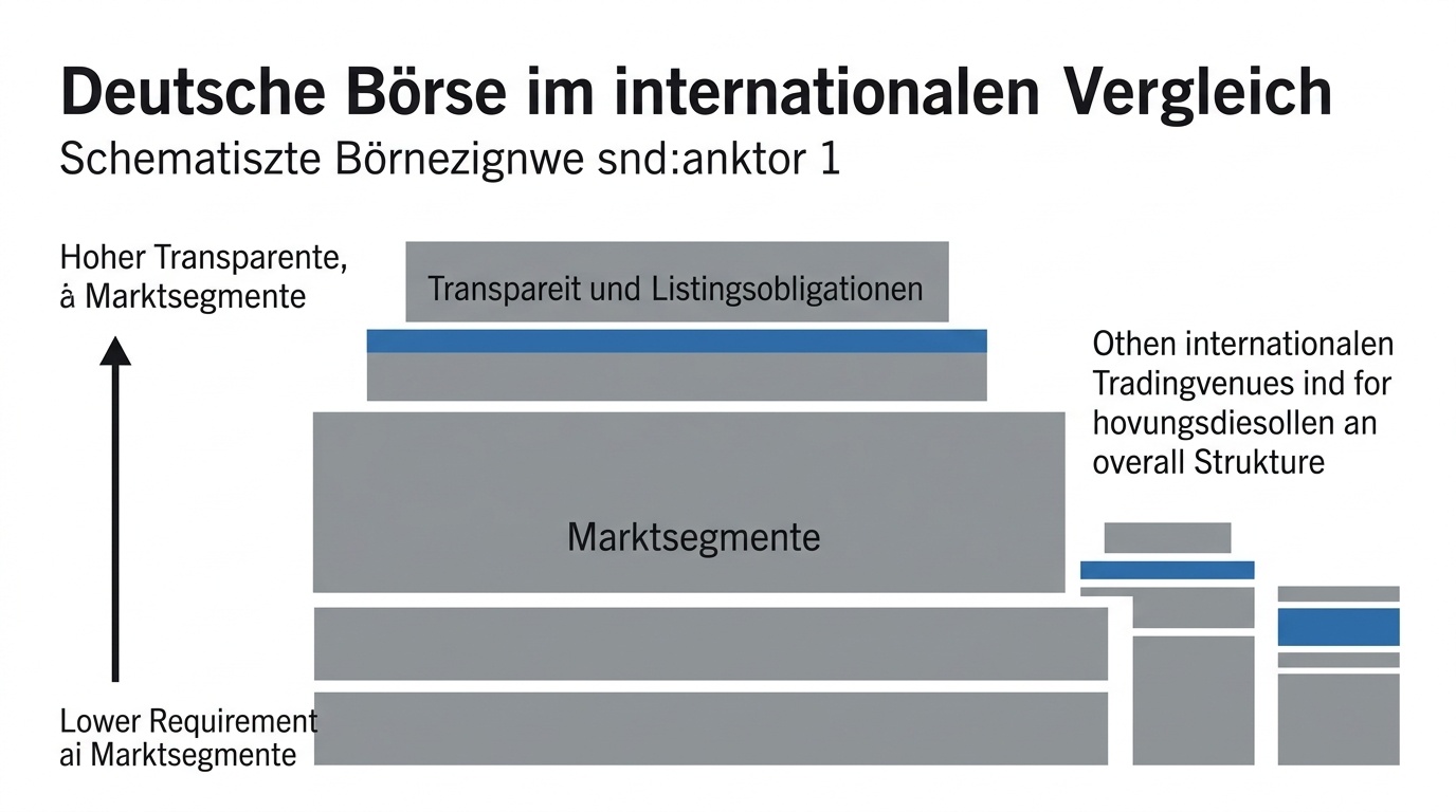 Illustratives Konzeptdiagramm: die Deutsche Börse als Handelsplatz mit Marktsegmenten im Vergleich zu internationalen Börsenplätzen