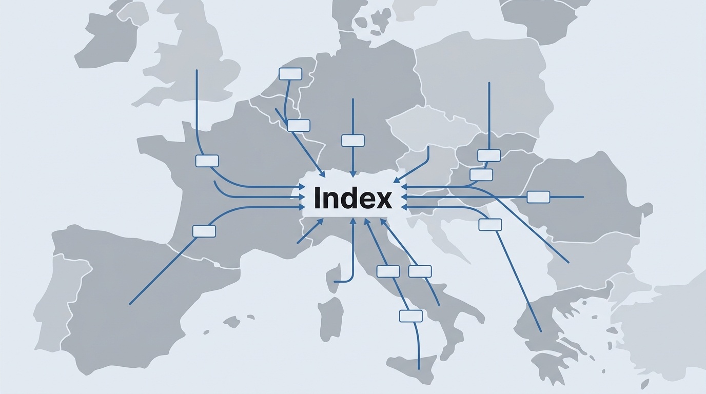 Illustratives Konzeptdiagramm: der Euro Stoxx 50 als länderübergreifende Auswahl großer Unternehmen aus der Eurozone