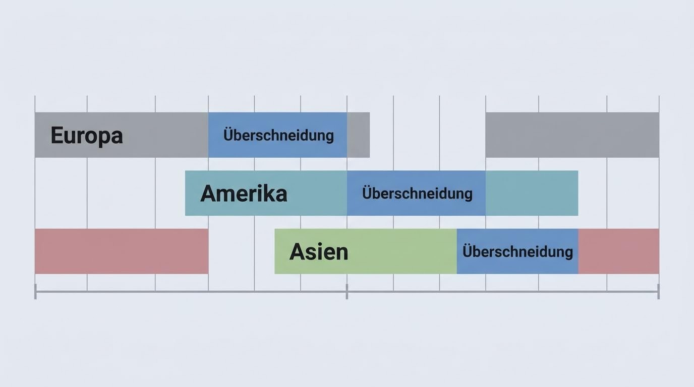 Illustratives Konzeptdiagramm: Zeitfenster verschiedener Handelsplätze über die Weltregionen hinweg als Zeitleiste