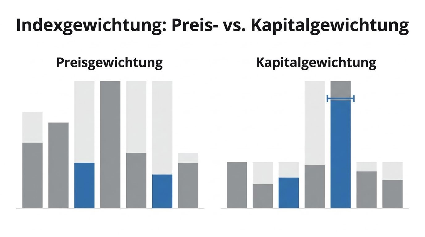 Illustratives Konzeptdiagramm: Vergleich von Preisgewichtung und Kapitalgewichtung anhand schematischer Balken