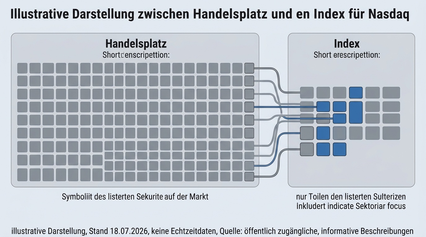 Illustratives Konzeptdiagramm: Unterscheidung zwischen elektronischem Handelsplatz und einem darauf beruhenden technologieorientierten Index