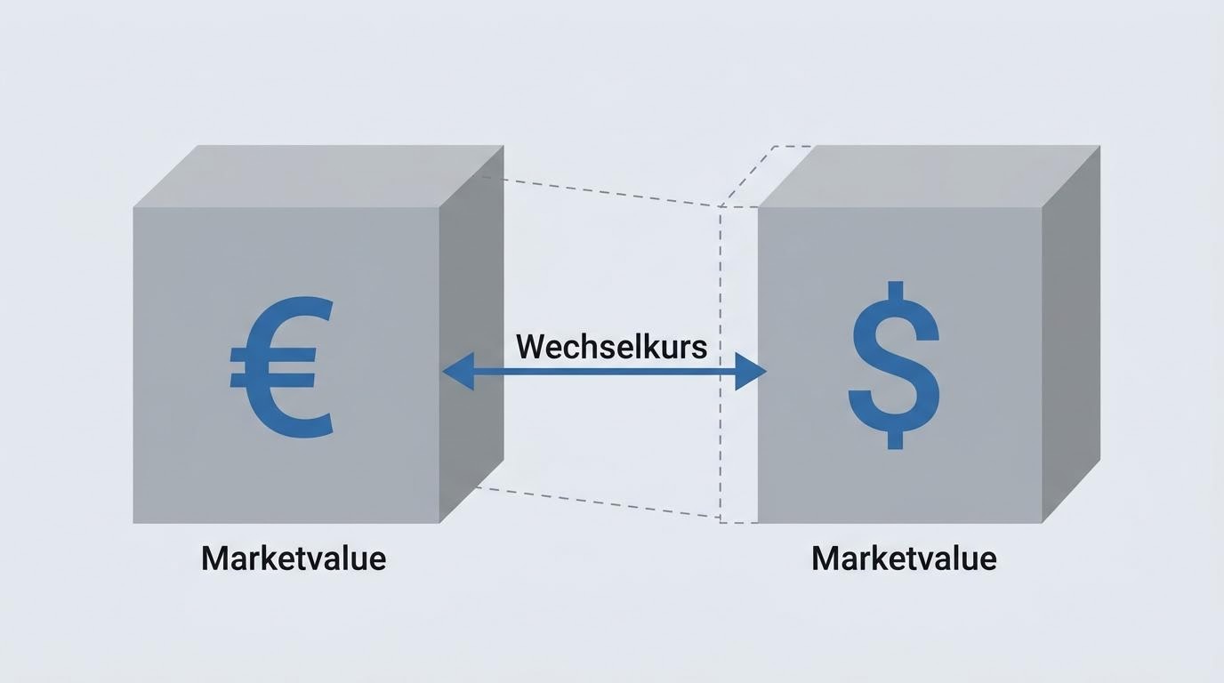 Illustratives Konzeptdiagramm: derselbe Marktwert in unterschiedlichen Währungen und der Einfluss des Wechselkurses