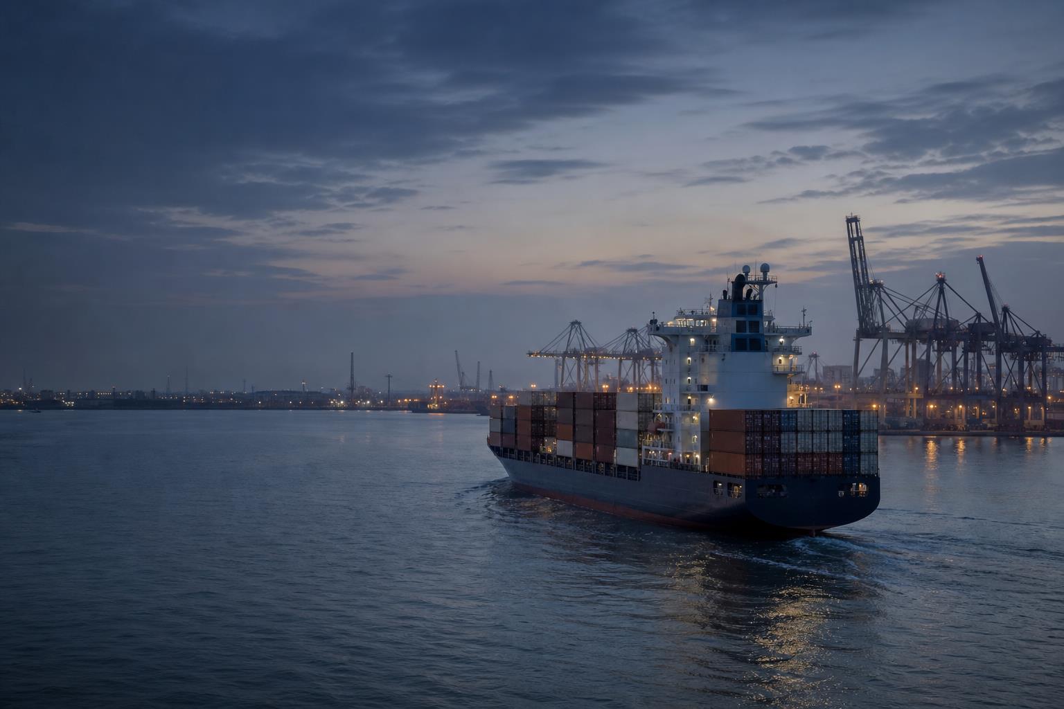 Container vessel leaving an international port at dusk